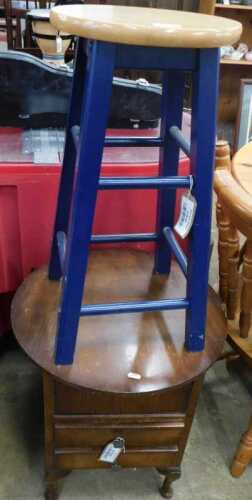 V - A beech-topped stool, with square tapering chamfered legs, painted blue, 64cm high, 30cm...