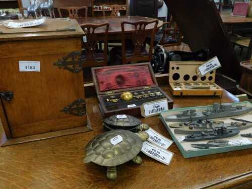 V - Various furniture and effects, two graduated brass turtle lidded dishes, a part-cased hydrometer,...