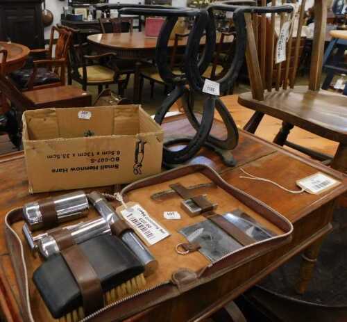 V - Various collectable items, etc., a metal horseshoe stand, 30cm high, part chess set, and a cased...