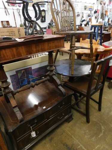 V - Various furniture, a 19thC oak stained slatted tripod wine table, various chairs, to include a...