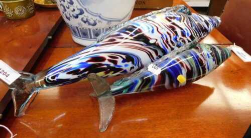 V - A 1960s glass fish, in mottled decoration, predominantly in blue, brown and yellow, 54cm wide,...