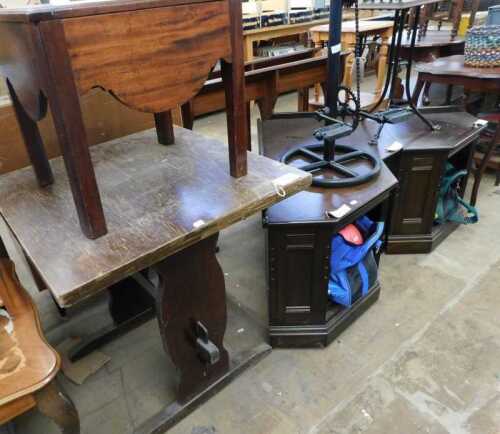 V - A 19thC mahogany box commode, with hinged lid, 45cm high, 45cm wide, 43cm deep, an oak draw leaf...