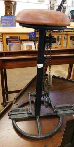 V - WITHDRAWN PRESALE BY VENDOR- A bar stool, with bicycle chain, cog and pedal stem, on circular...