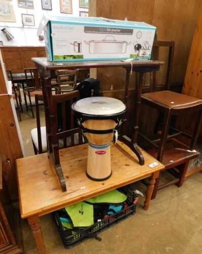 V - Furniture and effects, including a Stag wooden Djembe drum, 50cm high, a part-cased fish poacher,...