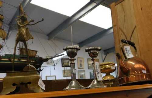 V - Metalware, including a pair of candlesticks, a Hotpoint bygone copper kettle, a brass rose vase,...
