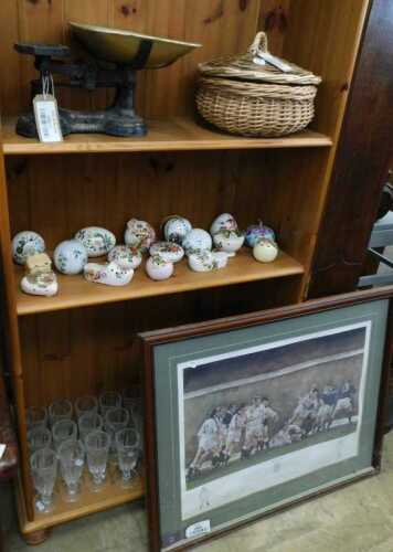 V - Bygones and collectables, glassware, a basket, iron scales with removable brass dish, 20cm high,...