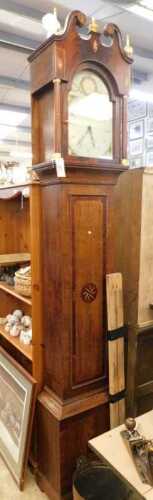 V - A 19thC oak and mahogany longcase clock, the painted arched dial, 28cm diameter, with Arabic...