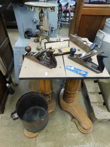 V - Collectables, including a miniature brass table, 29cm high, wood planes including Vishal and...
