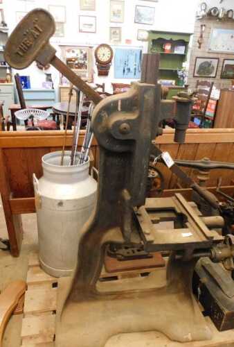 V - An early 20thC V A I vintage iron morticing machine, with articulated handles, on an inverted...