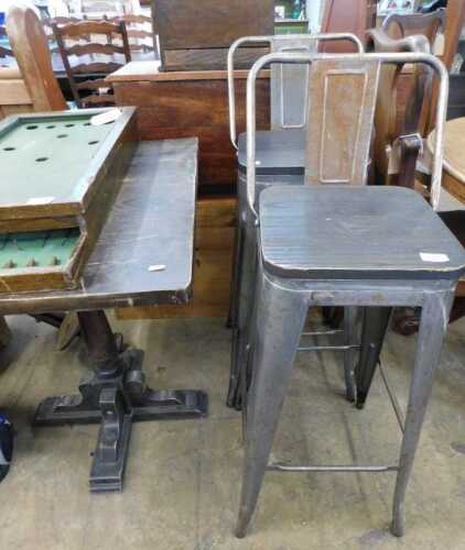 V - Two industrial-style oak and chrome-plated bar stools, 103cm high, and an oak pub table, of...