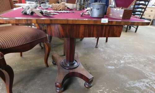 V - A 19thC flame mahogany demi-lune card table, on a shaped stem and inverted platform base,...