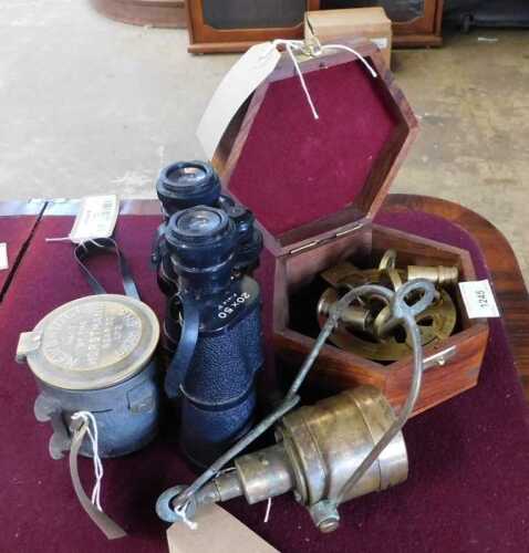 V - A modern brass sextant, in a hexagonal case, 14cm wide, and a pair of binoculars, a G Plaf...