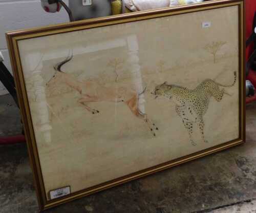V - 20thC School. Leopard chasing an antelope, watercolour, unsigned, 59cm x 85cm. NB. VAT is...