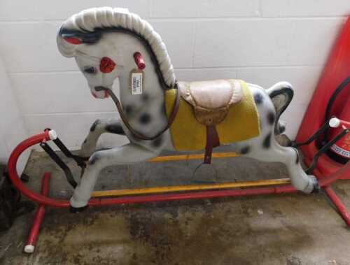 V - A Mamod-style child's rocking horse, profusely decorated, on a metal articulated stand, 91cm...