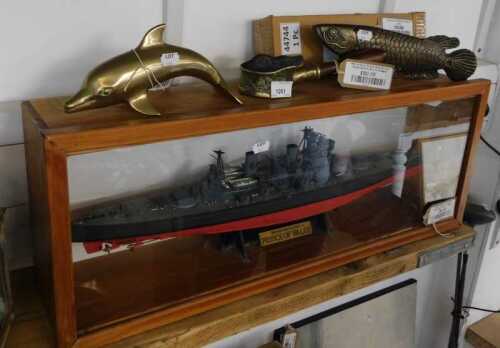 V - Collectables, to include a brass iron, fish ornaments, a cased model of the British Battleship...