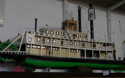V - A wooden model of the St Louis Belle, built by AJ Staples, with realistic rigging, decks, etc.,...