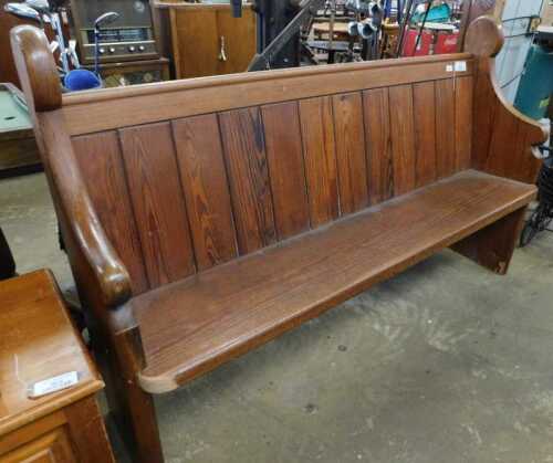 V - A 19thC pine pew, from the United Reform Church Devenham, with slatted back, on oblong stiles,...