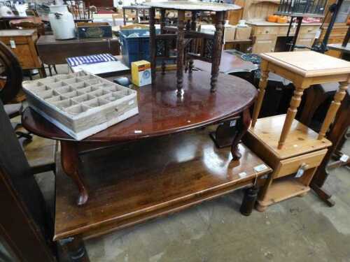 V - Various furniture and effects, a Jig style hardwood coffee table, brass topped Eastern table,...