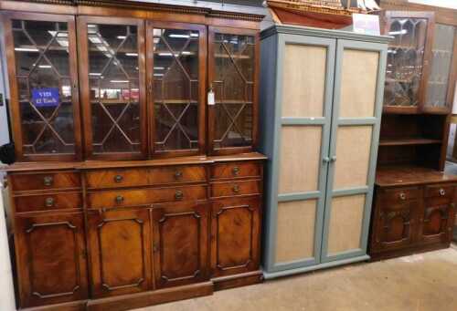V - Various furniture, a mahogany breakfront bookcase, with astragal glazed doors, raised above...