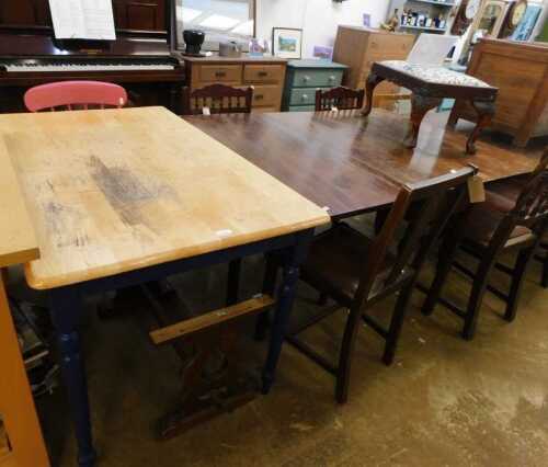 V - Various dining room furniture, an oblong dining table with blue painted base, on turned legs,...