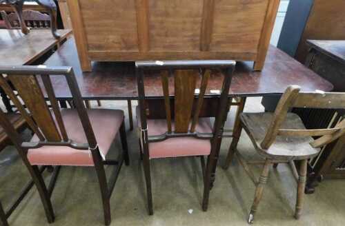 V - A dining room suite, comprising 19thC mahogany gate leg dining table, on ring turned cylindrical...