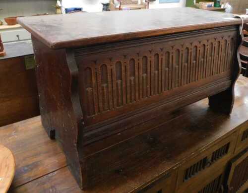 V - A mid 20thC oak linen fold blanket box of small proportion, with plain interior and carved front,...