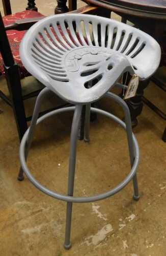 V - WITHDRAWN PRESALE BY VENDOR- A tractor seat style iron high bar stool, with Doyle and Co seat,...
