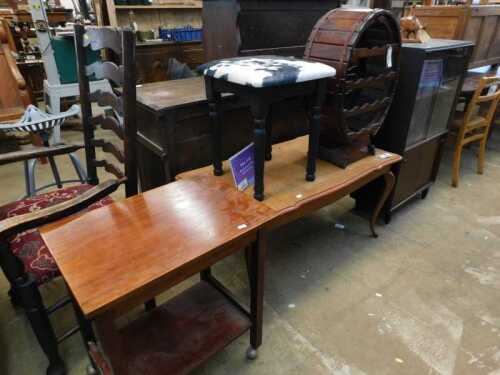 V - Various furniture and effects, an oak stained barrel shaped wine rack, 67cm high, overstuffed...