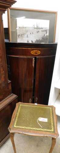 V - A 19thC Sheraton Revival mahogany barrel corner cupboard, with oval shell paterae, raised above...