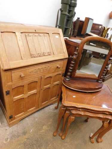 V - A 20thC Nathan teak style linen fold bureau, the fall raised above single drawer and double...