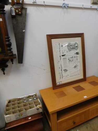 V - Various furniture and effects, a light wood side or television cabinet, of rectangular form with...