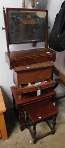V - Various furniture, an early 19thC table mirror, with rectangular glass, on a platform base...