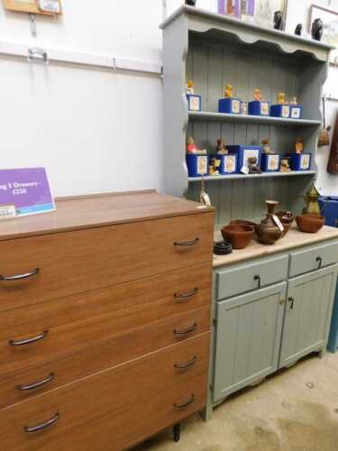 V - Various furniture, a painted open dresser of small proportion, with two Delft racks raised above...