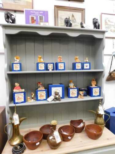 V - Various pottery, treen and effects, two Eastern brass coffee pots, a quantity of Peter Fagen...