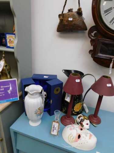 V - Various pottery and effects, decorative cow bell, on rope hanger, the main body 12cm high, cased...