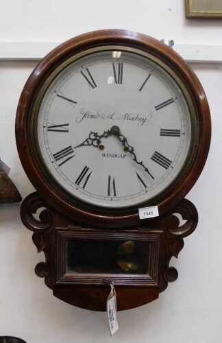 V - A 20thC mahogany cased drop dial wall clock, the 28cm diameter Roman numeric dial signed James A...