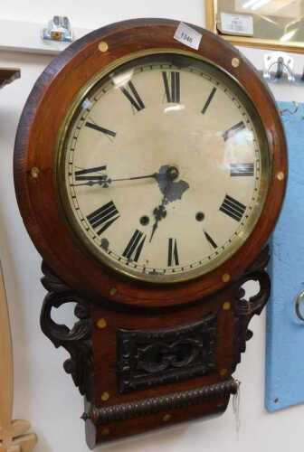 V - A 19thC American drop dial wall clock, with 28cm diameter Roman numeric dial, in a heavily...