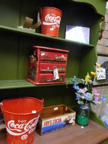 V - Various collectable items, etc., a wooden storage box marked Fry's Cocoa, 31cm wide, Coca-Cola...