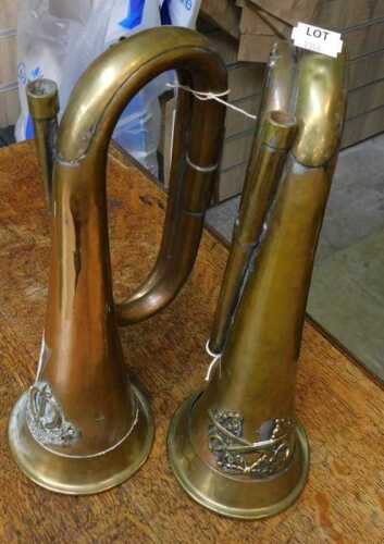 V - WITHDRAWN PRESALE BY VENDOR- A part copper and brass bugle, 29cm high, and another. (2, AF) NB....