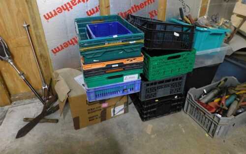 V - Various tools, crates and effects, two shooting sticks, 91cm high, various hand tools, a...