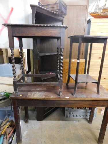 V - Various furniture, an oak barley twist side table with piecrust edge, further two tiered oak...