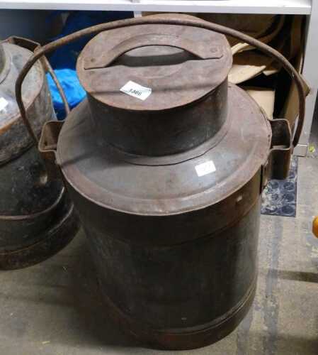 V - A 20thC metal milk churn, with removable lid and swing handle, of circular form, the main body...
