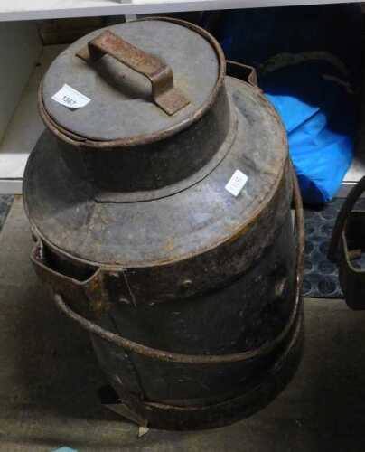 V - A 20thC metal milk churn, with removable lid and swing handle, of circular form, the main body...