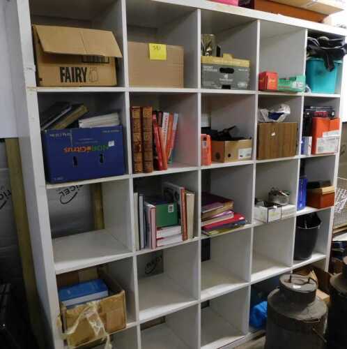 V - A set of pigeon holes, 181cm high, 181cm wide, 42cm deep, and a quantity of various collectable...