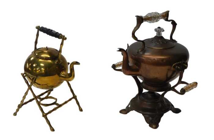 A Victorian copper kettle on stand, with faceted glass knop and handles, 43cm high, together...
