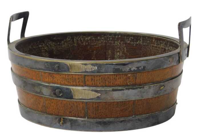 A Victorian oak butter tub, with silver plated handles and strapwork, 16cm wide.