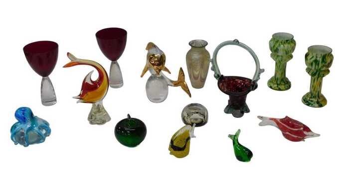 A group of decorative glassware, to include a millefiori faceted glass paperweight, 7cm diameter,...