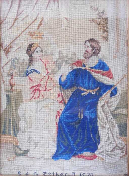 A 19thC woolwork tapestry depicting Ester and Ahasuerus, by S&G Ester II 1820, 41cm x 28.5cm.