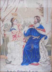 A 19thC woolwork tapestry depicting Ester and Ahasuerus, by S&G Ester II 1820, 41cm x 28.5cm.
