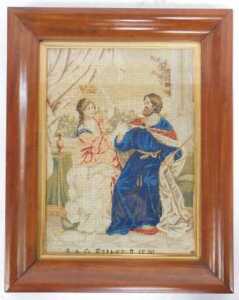 A 19thC woolwork tapestry depicting Ester and Ahasuerus, by S&G Ester II 1820, 41cm x 28.5cm. - 2